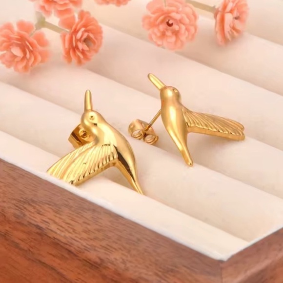 Hummingbird Gold Bird Earrings - Picture 2 of 5